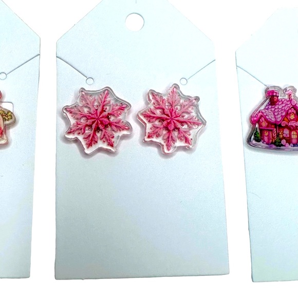 Set of 3 Pink NEW Christmas Holiday Stud Acrylic Handmade Earrings - Picture 7 of 8